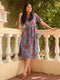Blue Cotton Floral Print Flared Western Dress